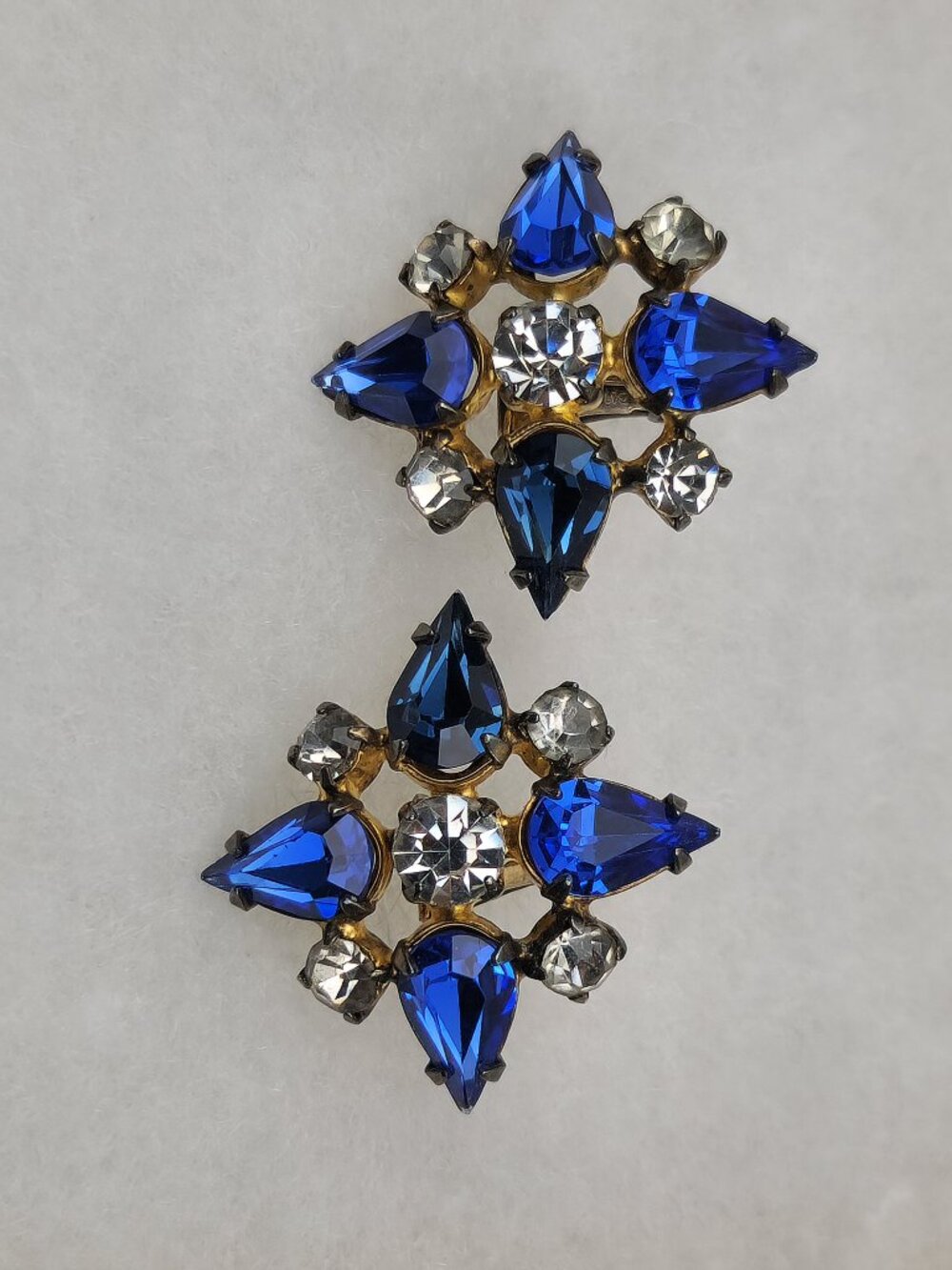Vintage Blue Sapphire Pear Teardrop Rhinestone Clip On Earrings STER,PAT 1967965